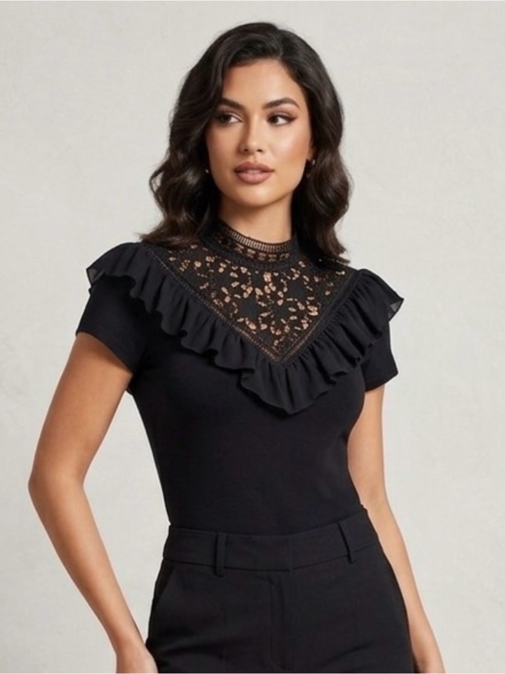 Ted Baker Black Lace Yoke Ruffle Sleeve Top
